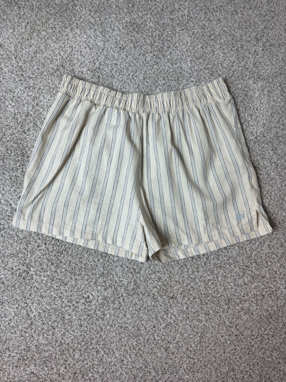 Albion Fit Cabana Shorts Linen Cotton Large L Blue Stripe High Waist Coastal - Picture 2 of 9